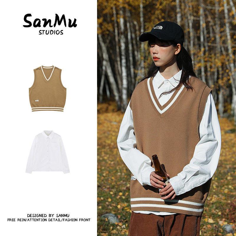 兩件套/春秋日係穿搭無袖針織馬甲寬鬆百搭V領針織衫毛衣背心套裝-細節圖2