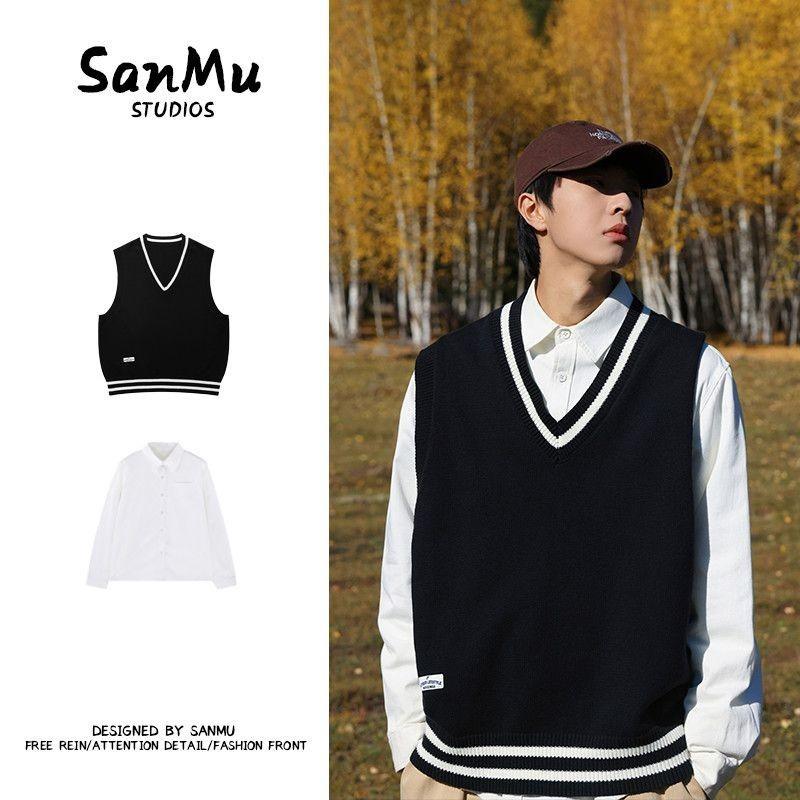 兩件套/春秋日係穿搭無袖針織馬甲寬鬆百搭V領針織衫毛衣背心套裝-細節圖3