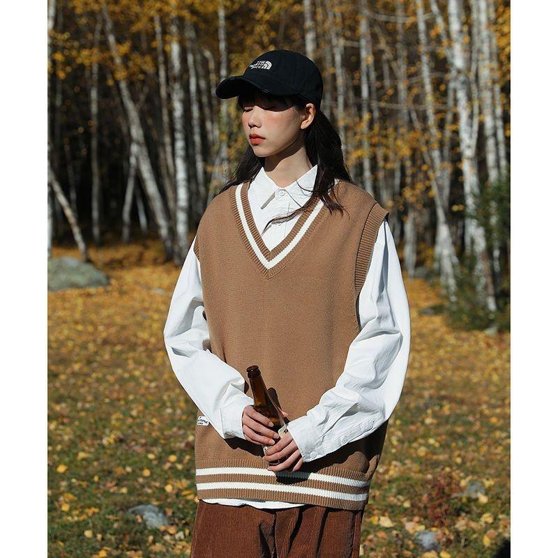 兩件套/春秋日係穿搭無袖針織馬甲寬鬆百搭V領針織衫毛衣背心套裝-細節圖5