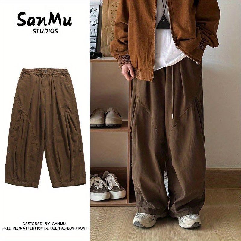 日係男裝複古純色寬鬆工裝褲闊腿春秋百搭鬆緊腰設計休閒長褲子男-細節圖2