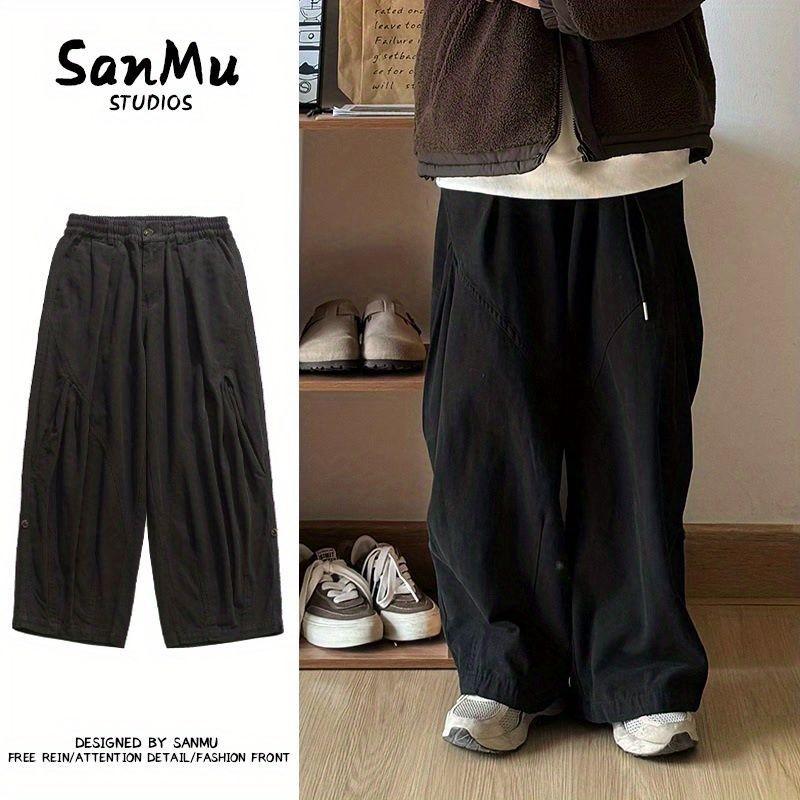 日係男裝複古純色寬鬆工裝褲闊腿春秋百搭鬆緊腰設計休閒長褲子男-細節圖3