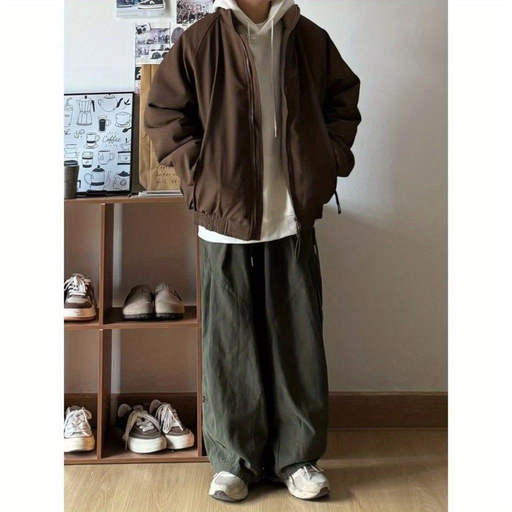 日係男裝複古純色寬鬆工裝褲闊腿春秋百搭鬆緊腰設計休閒長褲子男-細節圖5