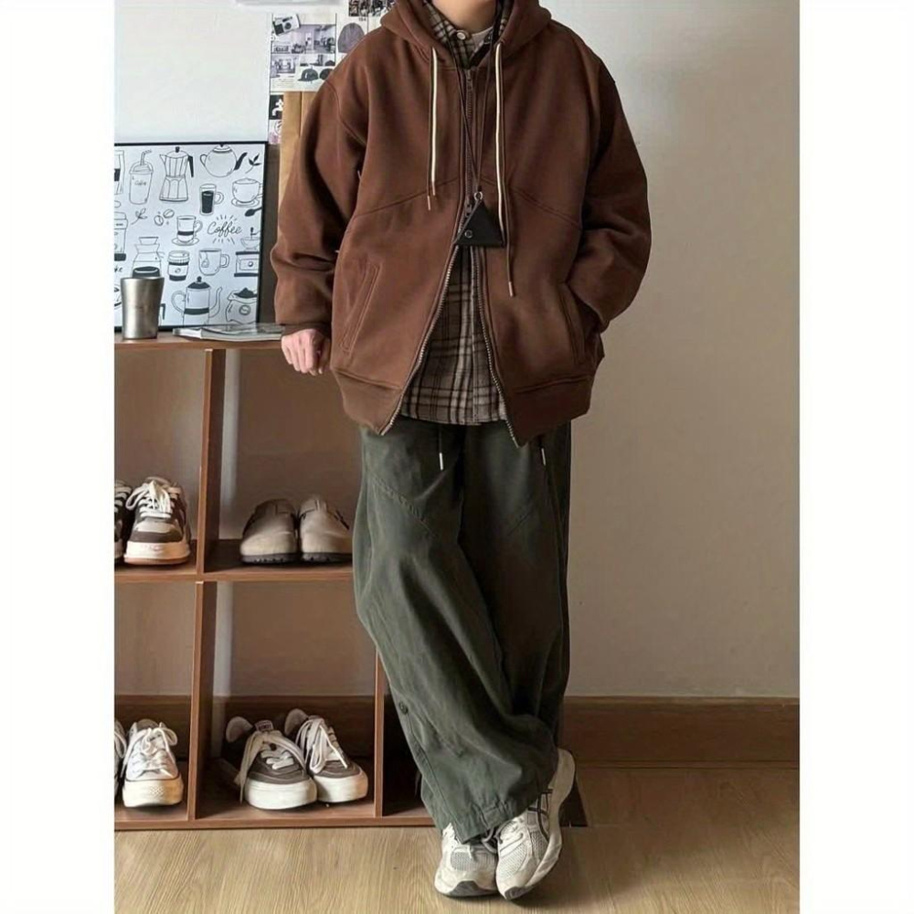 日係男裝複古純色寬鬆工裝褲闊腿春秋百搭鬆緊腰設計休閒長褲子男-細節圖6