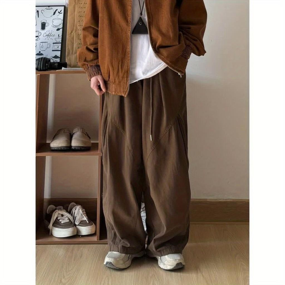 日係男裝複古純色寬鬆工裝褲闊腿春秋百搭鬆緊腰設計休閒長褲子男-細節圖7