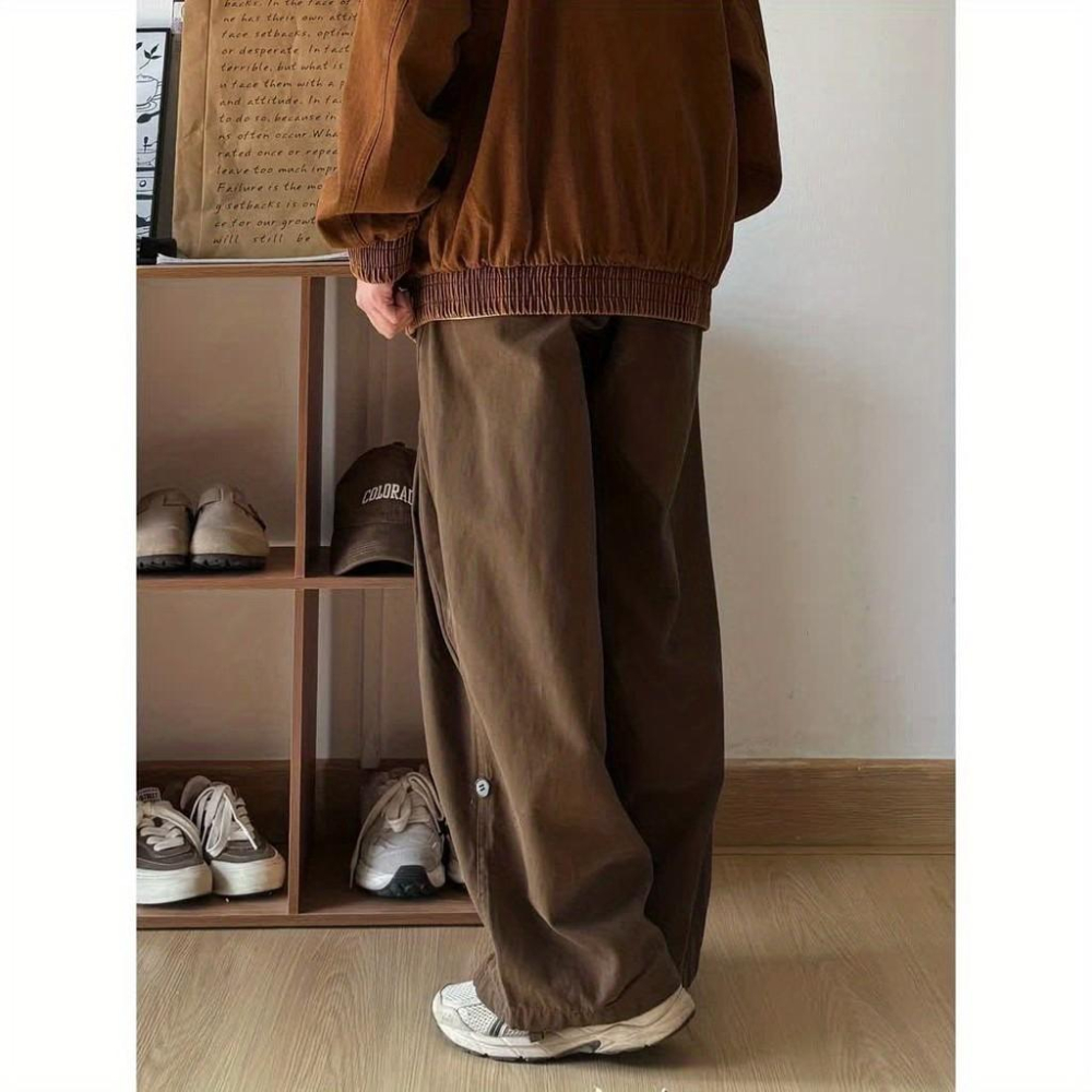 日係男裝複古純色寬鬆工裝褲闊腿春秋百搭鬆緊腰設計休閒長褲子男-細節圖8