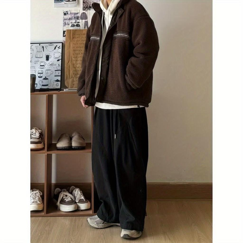 日係男裝複古純色寬鬆工裝褲闊腿春秋百搭鬆緊腰設計休閒長褲子男-細節圖9