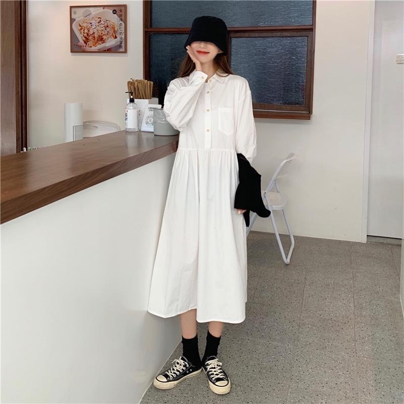 ｜ʜᴇʀꜱ｜現貨24H出貨！簡約連身襯衫洋裝 百搭 文藝 休閒 日系 顯瘦洋裝 長裙洋裝 連身裙 學生洋裝-細節圖2