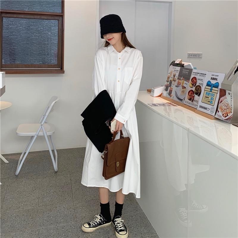 ｜ʜᴇʀꜱ｜現貨24H出貨！簡約連身襯衫洋裝 百搭 文藝 休閒 日系 顯瘦洋裝 長裙洋裝 連身裙 學生洋裝-細節圖3