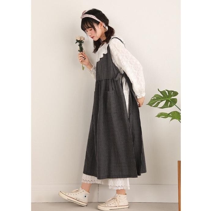 ｜ʜᴇʀꜱ｜現貨24H出貨！日系格紋外罩洋裝 棉麻背心裙 甜美 裙子 長裙 片裙 顯瘦洋裝 裙裝 連衣裙 韓系女裝-細節圖2
