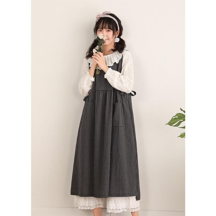 ｜ʜᴇʀꜱ｜現貨24H出貨！日系格紋外罩洋裝 棉麻背心裙 甜美 裙子 長裙 片裙 顯瘦洋裝 裙裝 連衣裙 韓系女裝-細節圖3