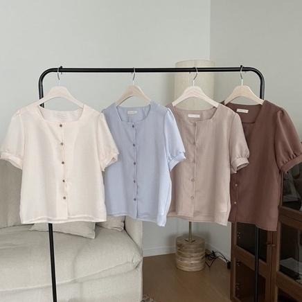 ｜ʜᴇʀꜱ｜現貨24H出貨！正韓🇰🇷方領公主袖排釦上衣 韓國代購 正韓上衣 氣質清新甜美 顯瘦 韓國 正韓女裝-細節圖3