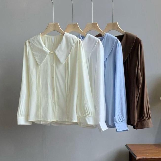 ｜ʜᴇʀꜱ｜現貨24H出貨！日系垂墜感娃娃領雪紡襯衫 寬鬆 顯瘦 百搭 甜美 小清新 短袖 長袖 襯衫 上衣 韓國女裝-細節圖2
