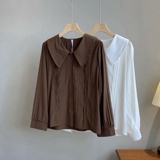 ｜ʜᴇʀꜱ｜現貨24H出貨！日系垂墜感娃娃領雪紡襯衫 寬鬆 顯瘦 百搭 甜美 小清新 短袖 長袖 襯衫 上衣 韓國女裝-細節圖3