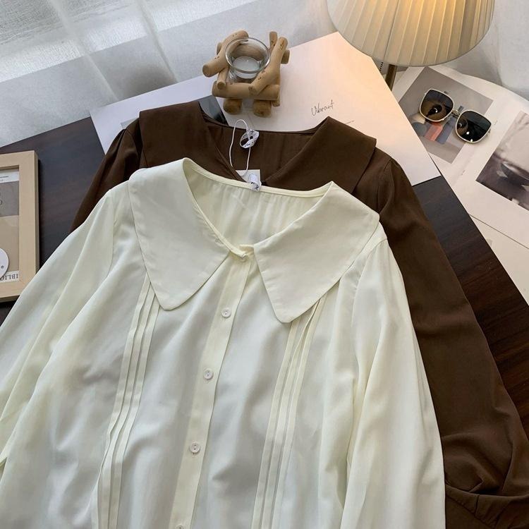 ｜ʜᴇʀꜱ｜現貨24H出貨！日系垂墜感娃娃領雪紡襯衫 寬鬆 顯瘦 百搭 甜美 小清新 短袖 長袖 襯衫 上衣 韓國女裝-細節圖4