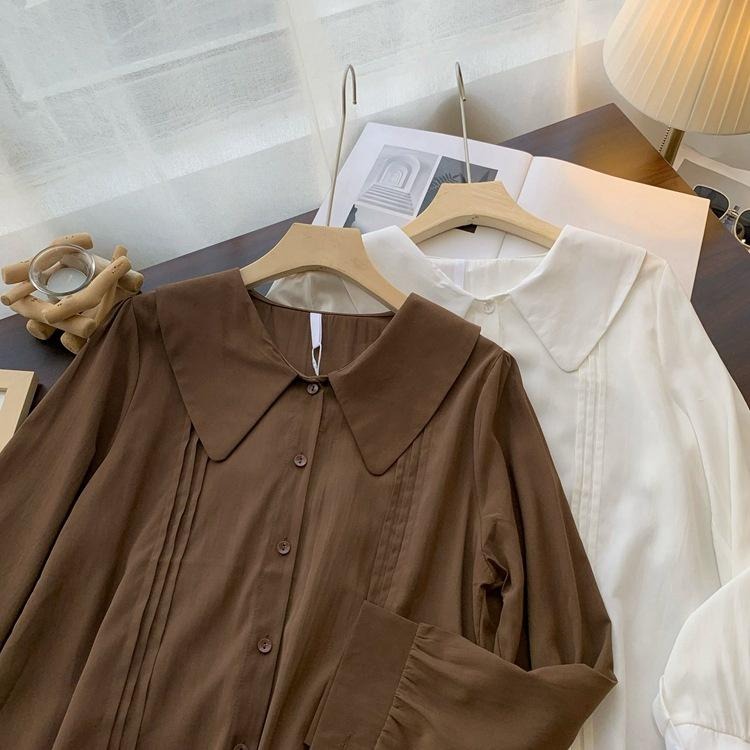 ｜ʜᴇʀꜱ｜現貨24H出貨！日系垂墜感娃娃領雪紡襯衫 寬鬆 顯瘦 百搭 甜美 小清新 短袖 長袖 襯衫 上衣 韓國女裝-細節圖5