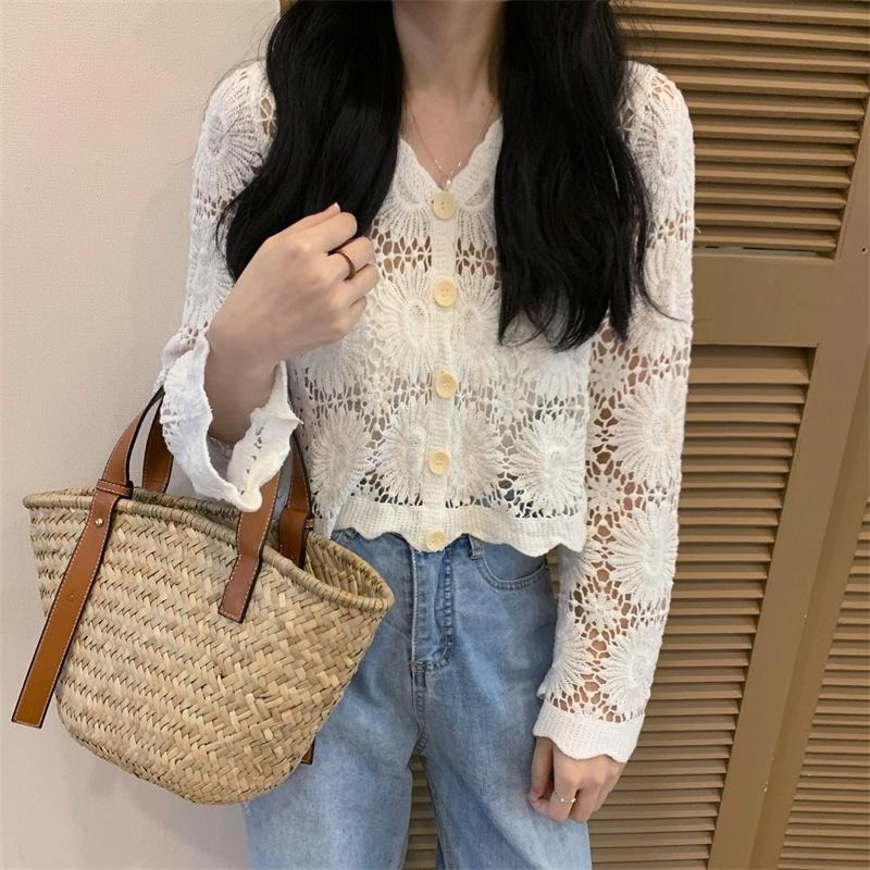｜ʜᴇʀꜱ｜現貨24H出貨！花朵鏤空刺繡蕾絲針織罩衫🌼 初夏清涼罩衫 韓系罩衫 防曬 遮陽 外罩 女生外套 韓國女裝-細節圖3