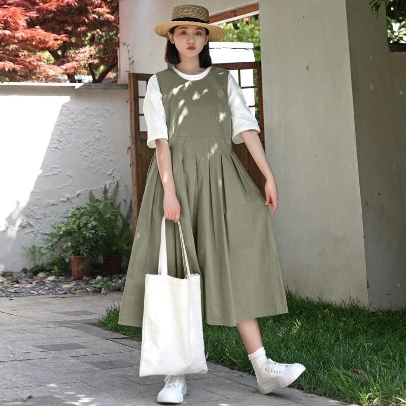 ｜ʜᴇʀꜱ｜現貨24H出貨！日系圓領無袖百摺吊帶裙 四季可穿 寬鬆 百搭 顯瘦 學院風 連衣裙 長裙 洋裝 百褶裙-細節圖2