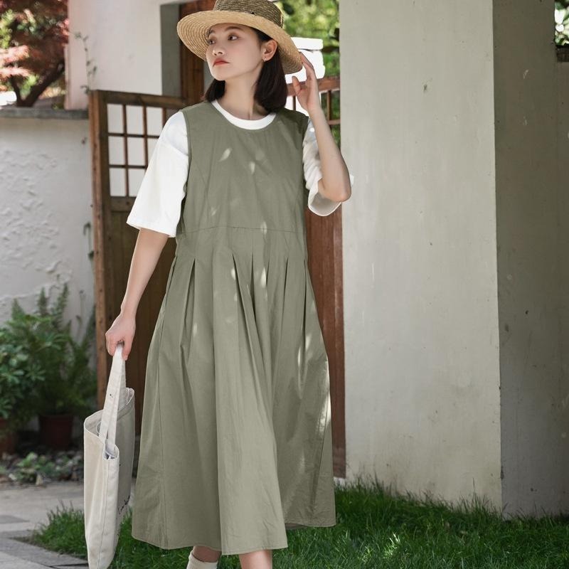 ｜ʜᴇʀꜱ｜現貨24H出貨！日系圓領無袖百摺吊帶裙 四季可穿 寬鬆 百搭 顯瘦 學院風 連衣裙 長裙 洋裝 百褶裙-細節圖3