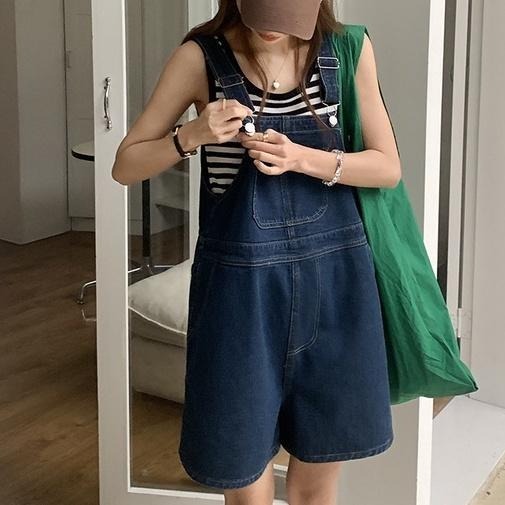 ｜ʜᴇʀꜱ｜現貨24H出貨！休閒復古牛仔吊帶短褲 寬褲 吊帶褲 韓系 女裝 日系 韓國女裝-細節圖2