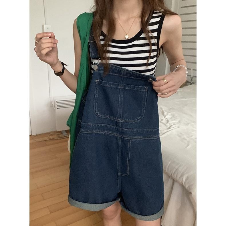 ｜ʜᴇʀꜱ｜現貨24H出貨！休閒復古牛仔吊帶短褲 寬褲 吊帶褲 韓系 女裝 日系 韓國女裝-細節圖3