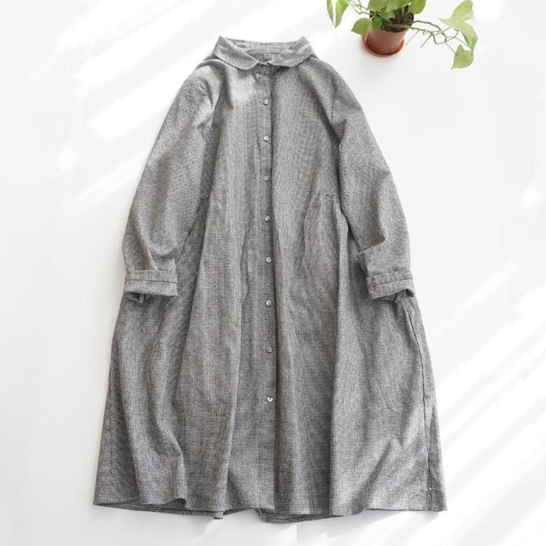 ｜ʜᴇʀꜱ｜現貨24H出貨！日系棉麻千鳥格娃娃領排釦長袖洋裝 秋冬 百搭 韓系 襯衫洋裝 長裙 韓國女裝-細節圖2