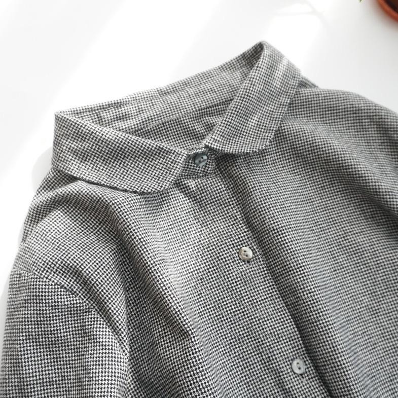 ｜ʜᴇʀꜱ｜現貨24H出貨！日系棉麻千鳥格娃娃領排釦長袖洋裝 秋冬 百搭 韓系 襯衫洋裝 長裙 韓國女裝-細節圖3