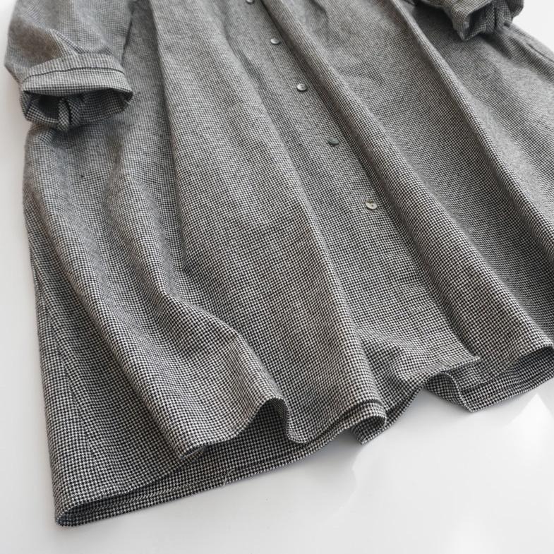 ｜ʜᴇʀꜱ｜現貨24H出貨！日系棉麻千鳥格娃娃領排釦長袖洋裝 秋冬 百搭 韓系 襯衫洋裝 長裙 韓國女裝-細節圖6