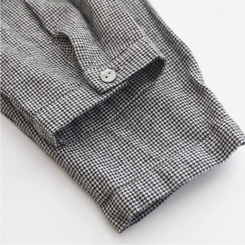 ｜ʜᴇʀꜱ｜現貨24H出貨！日系棉麻千鳥格娃娃領排釦長袖洋裝 秋冬 百搭 韓系 襯衫洋裝 長裙 韓國女裝-細節圖9