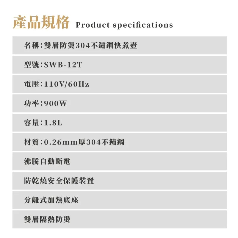 SANSUI 山水1.8L雙層防燙不銹鋼快煮壺(SWB-12T)-細節圖7