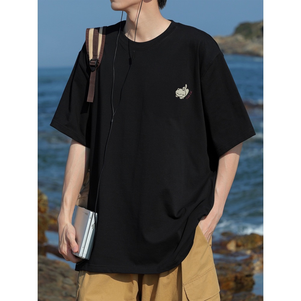 『SQ man』重磅印花可愛小貓 男生純棉圓領T恤-細節圖2