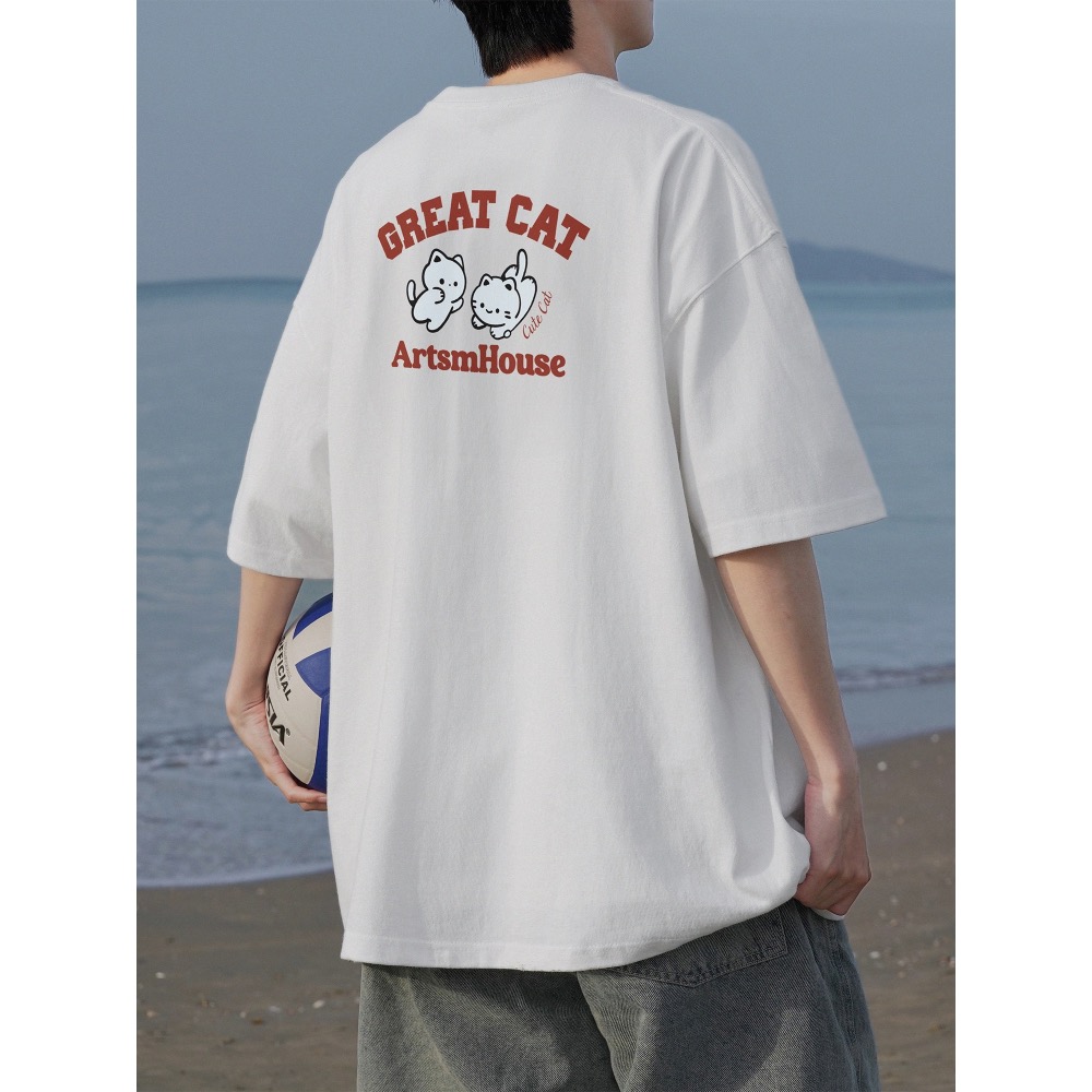 『SQ man』重磅印花可愛小貓 男生純棉圓領T恤-細節圖3