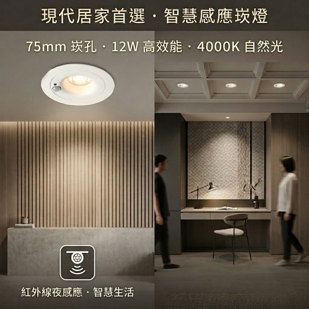 12W 防眩感應崁燈 75mm開孔 自然光4000K 全電壓100-240V 鋁材烤漆 人體感應距離3米 自動亮燈-細節圖3