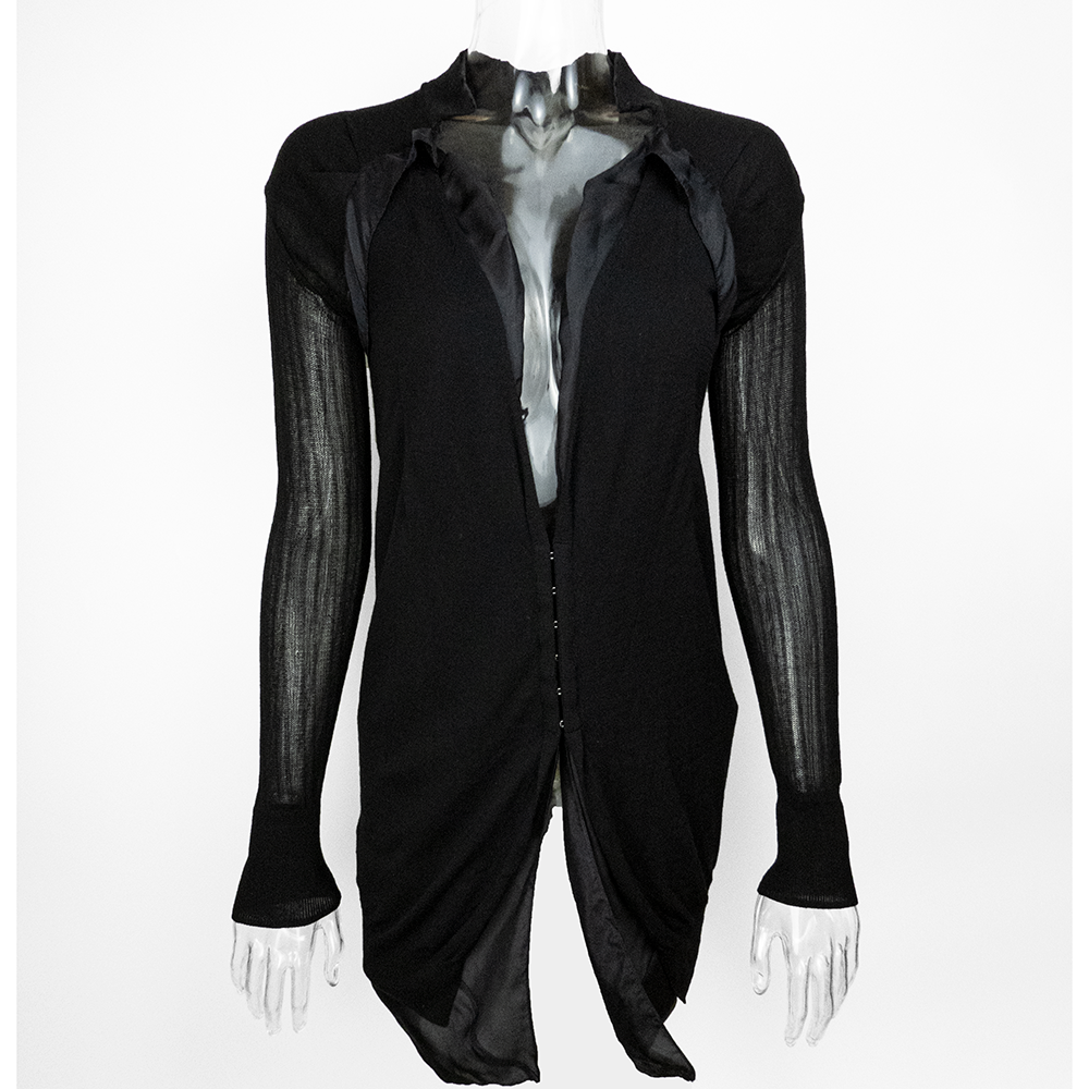 CARBAMMI卡邦尼黑色蠶絲拼接抓褶羅紋長袖針織外套-細節圖2