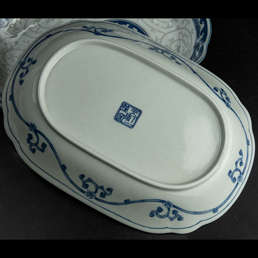 日本天下一筑後窯波唐草陶瓷 餐盤 長盤 方盤 兩件一組-細節圖4