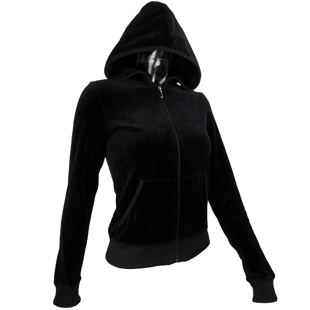 美國時尚品牌Juicy Couture黑色天鵝絨背後圖騰印花長袖連帽外套 M號 美國製-細節圖2