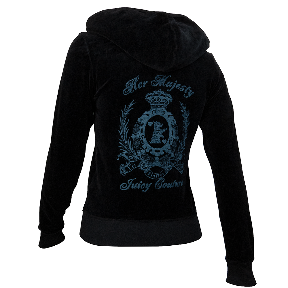 美國時尚品牌Juicy Couture黑色天鵝絨背後圖騰印花長袖連帽外套 M號 美國製-細節圖4