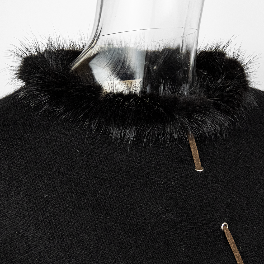 義大利品牌Green Grass黑色喀什米爾羊毛貂皮滾邊領口長袖毛衣-細節圖2