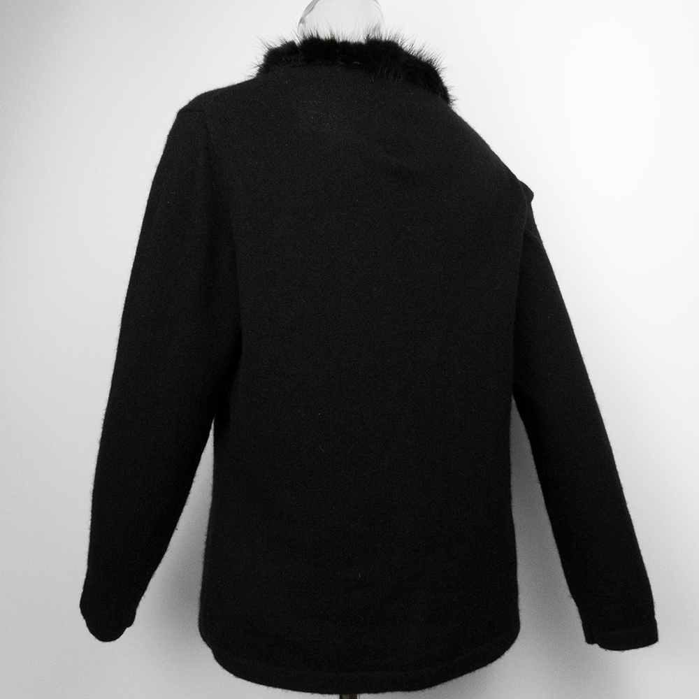 義大利品牌Green Grass黑色喀什米爾羊毛貂皮滾邊領口長袖毛衣-細節圖3