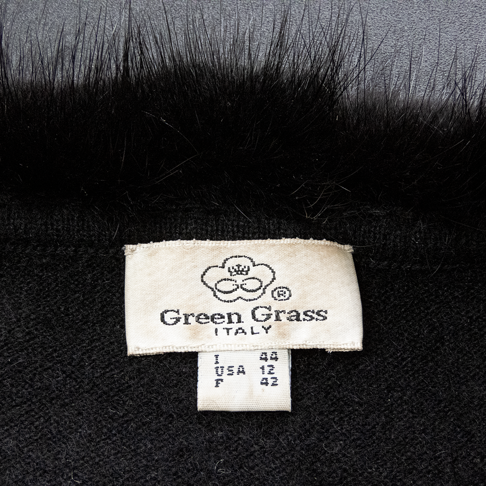 義大利品牌Green Grass黑色喀什米爾羊毛貂皮滾邊領口長袖毛衣-細節圖4