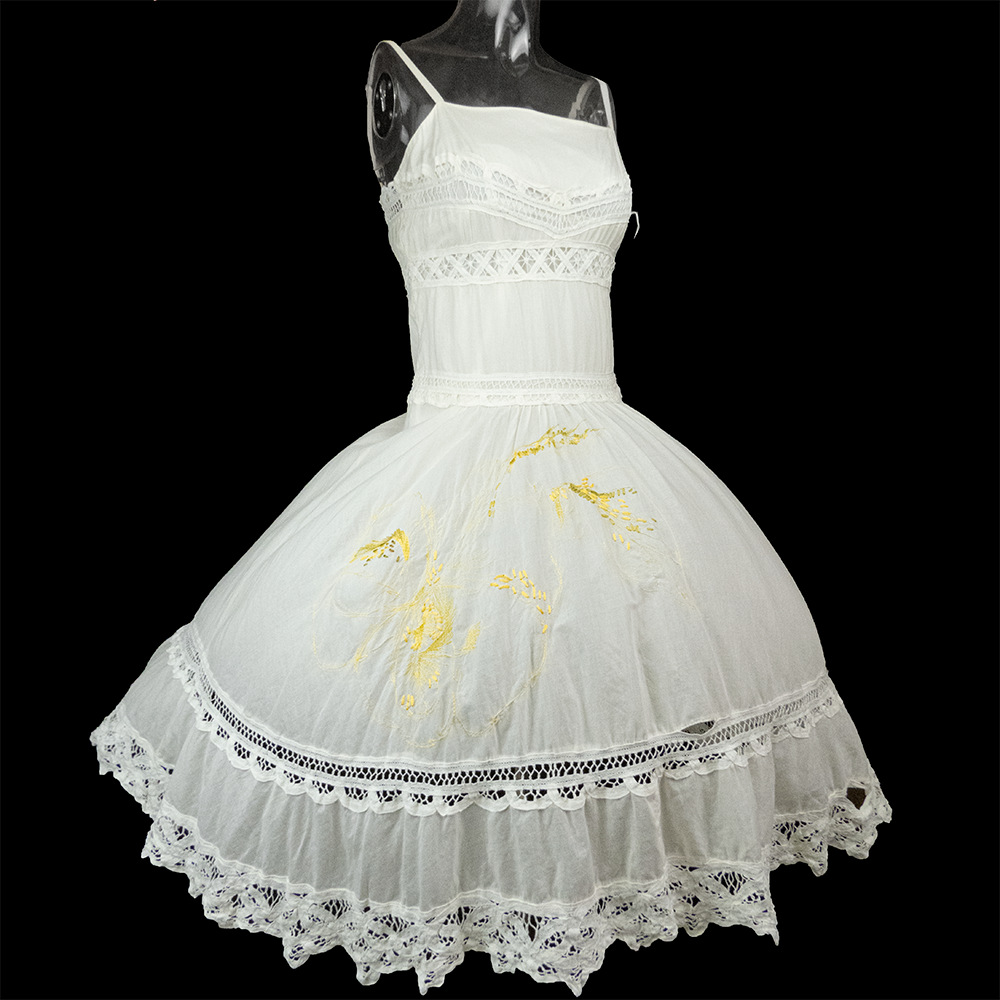 美國時尚設計品牌ANNA SUI 安娜蘇米色蕾絲刺繡無袖細肩帶洋裝-細節圖5