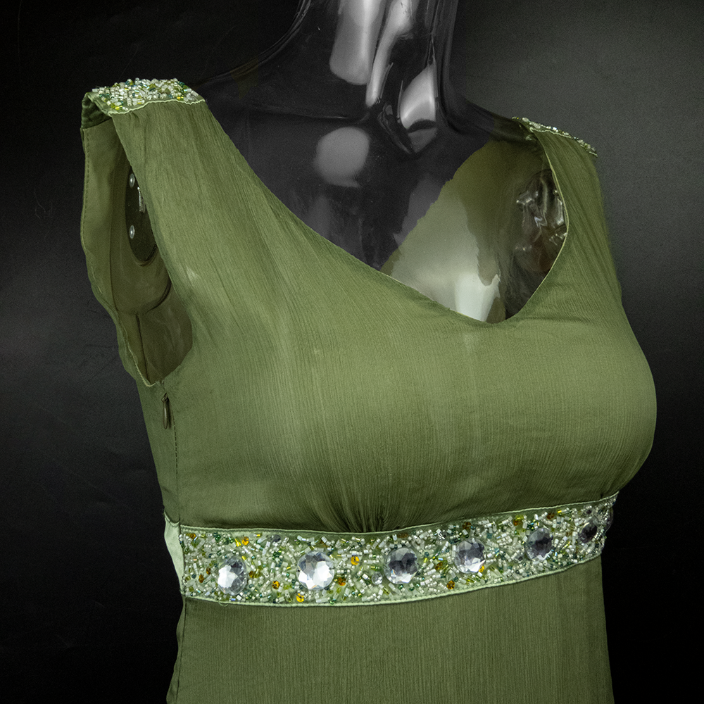 Joo＇＇綠色蠶絲串珠蕾絲蛋糕澎澎無袖洋裝-細節圖2