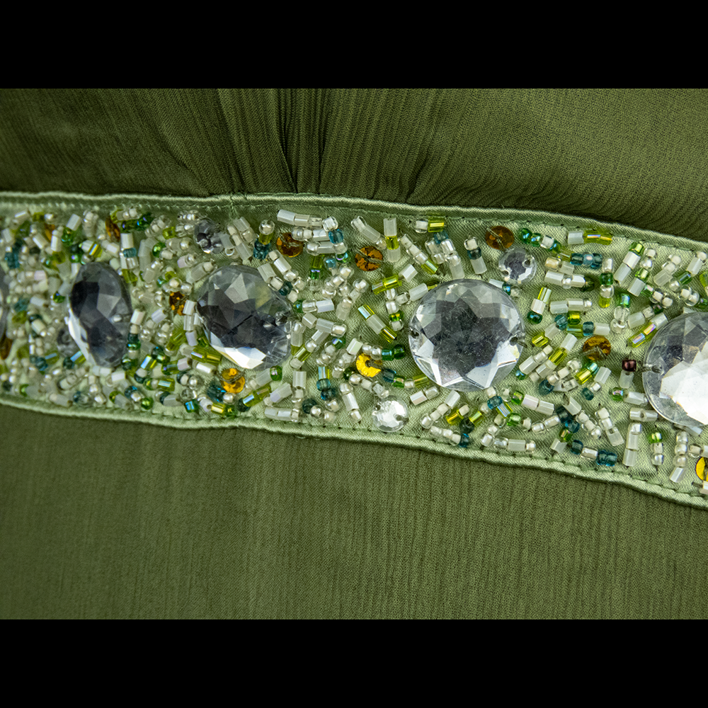 Joo＇＇綠色蠶絲串珠蕾絲蛋糕澎澎無袖洋裝-細節圖5