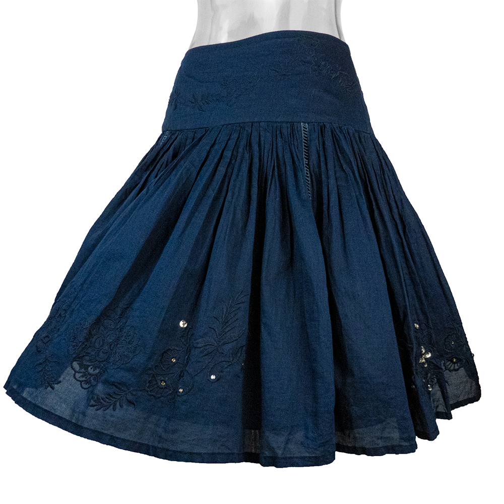 知名設計品牌IROO藏青色純棉抓褶刺繡水鑽及膝裙 38號-細節圖4