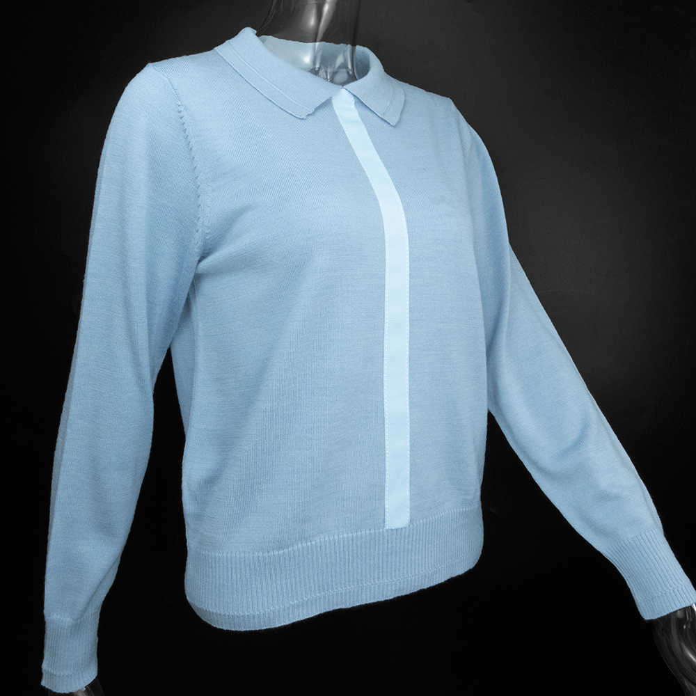 日本品牌Ta Main藍色緞帶線條有領長袖毛衣  日本製-細節圖2