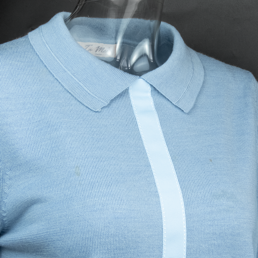 日本品牌Ta Main藍色緞帶線條有領長袖毛衣  日本製-細節圖3