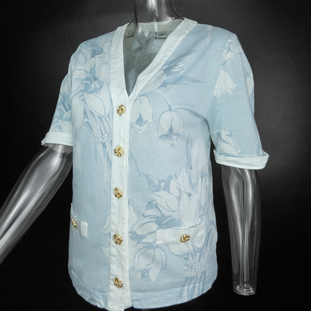 義大利品牌Vedette淺藍色純棉鬱金香花束反摺短袖外套 義大利製 44號-細節圖2