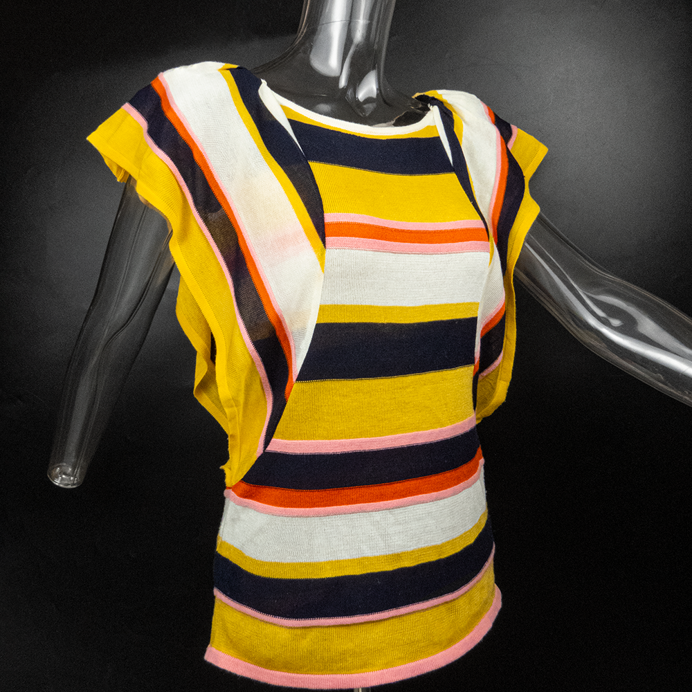 知名設計品牌IROO條紋拼色荷葉小飛袖針織衫 36號-細節圖2