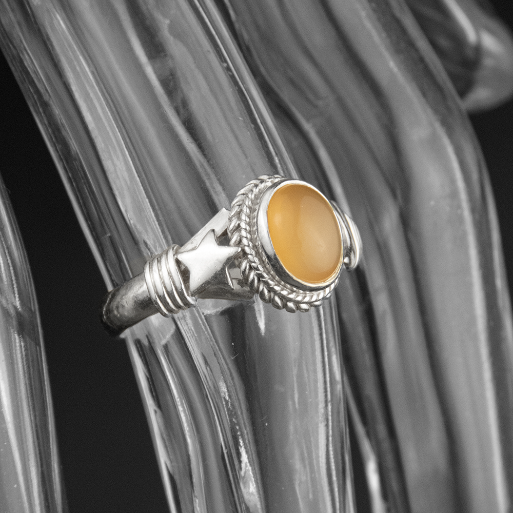 925純銀粉橘色蛋面玉髓星月戒指 #14-細節圖2