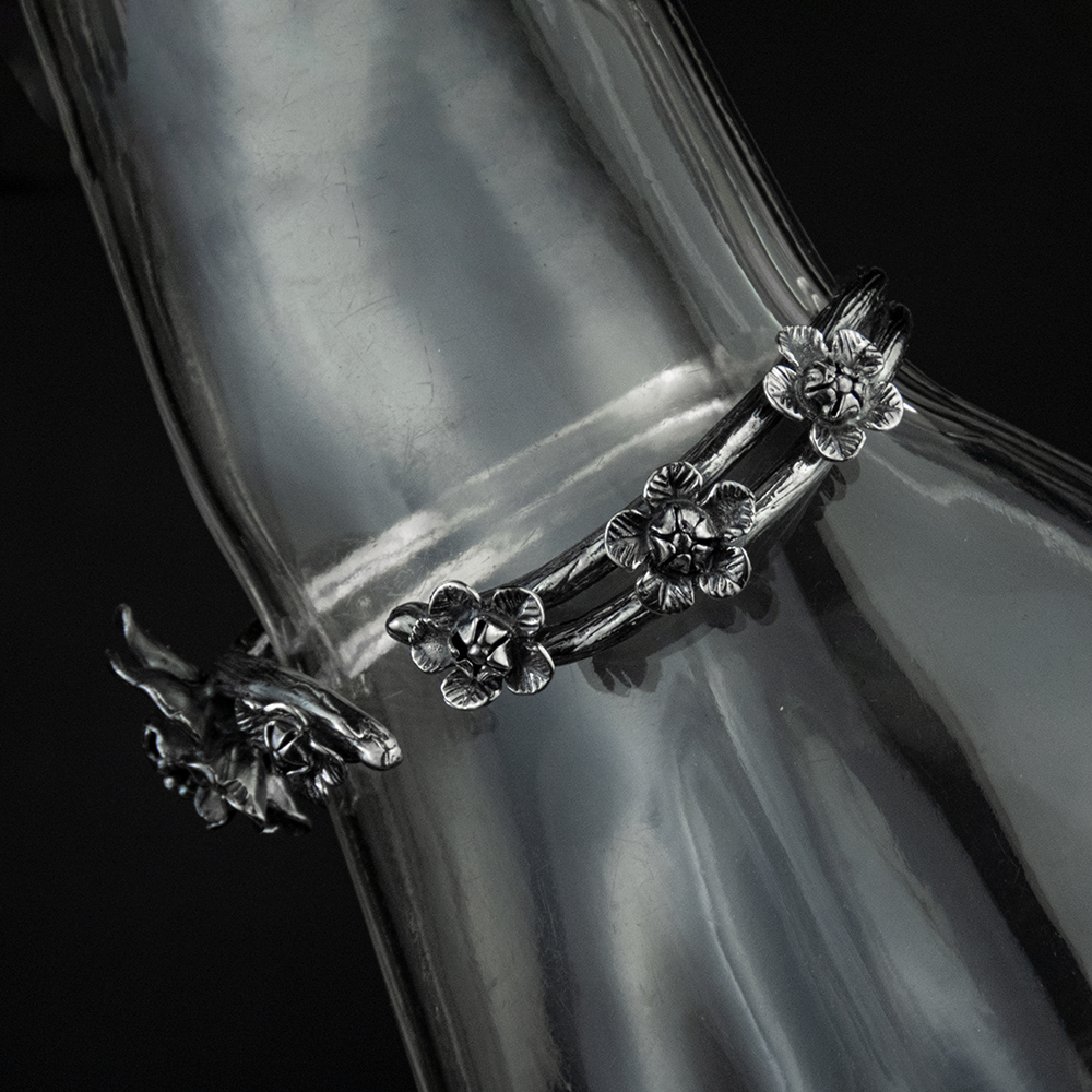 足銀立體牡丹花不對稱開口手鐲-細節圖3