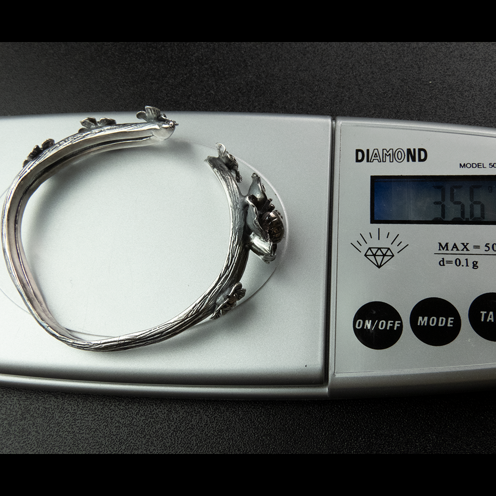 足銀立體牡丹花不對稱開口手鐲-細節圖7